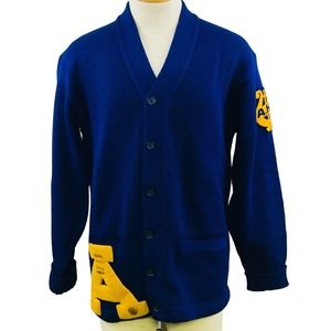 Vtg Letterman Sweater A.H.S. Blue Gold Band Music Lyre Letter A Patches Cardigan